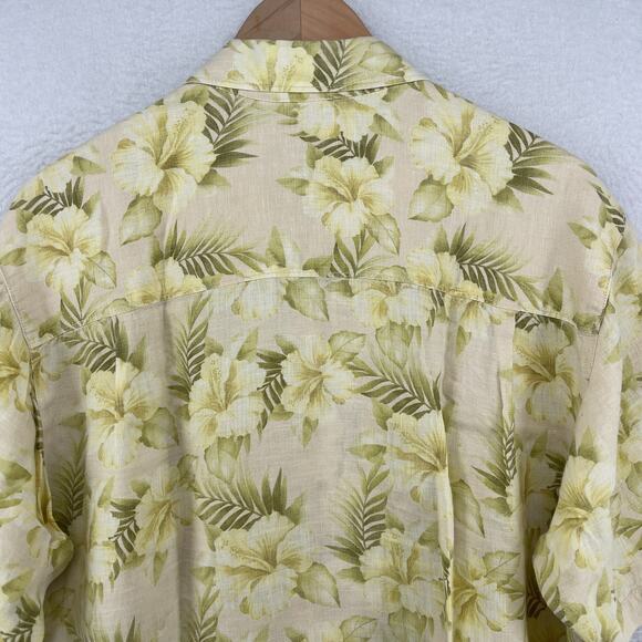 TOMMY BAHAMA Shirt Mens M Linen Floral Hibiscus Tropical Camp Short Sleeve Green - Picture 6 of 13
